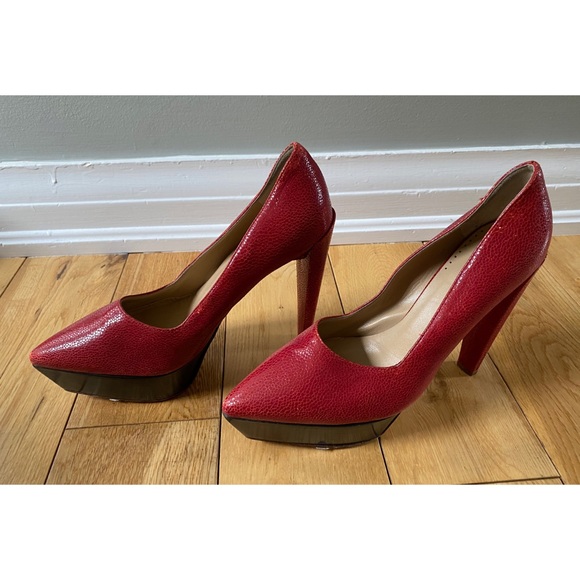 Halston Heritage Red Platform Stilettos Snakeskin Textured Heels - Picture 2 of 13
